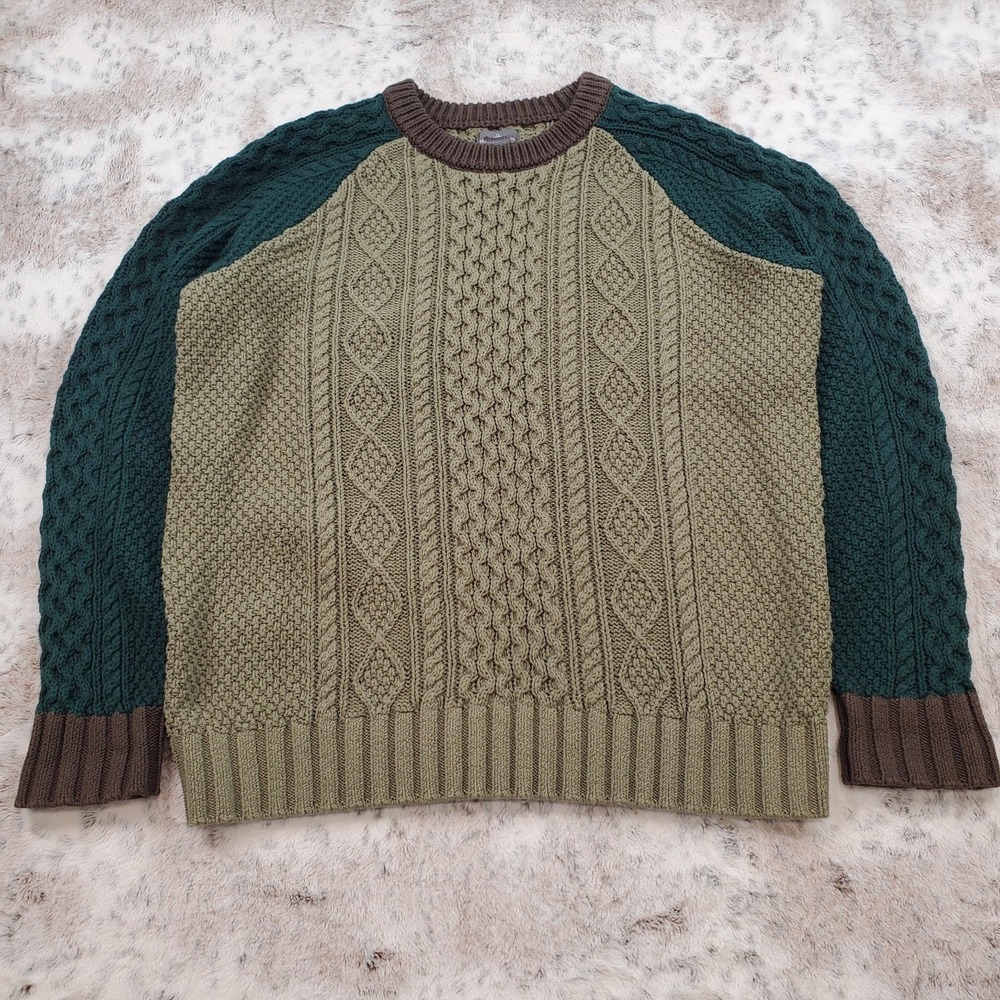 NEW LL Bean Signature Men's XL Fisherman Crewneck Sweater Colorblock Olive Gray